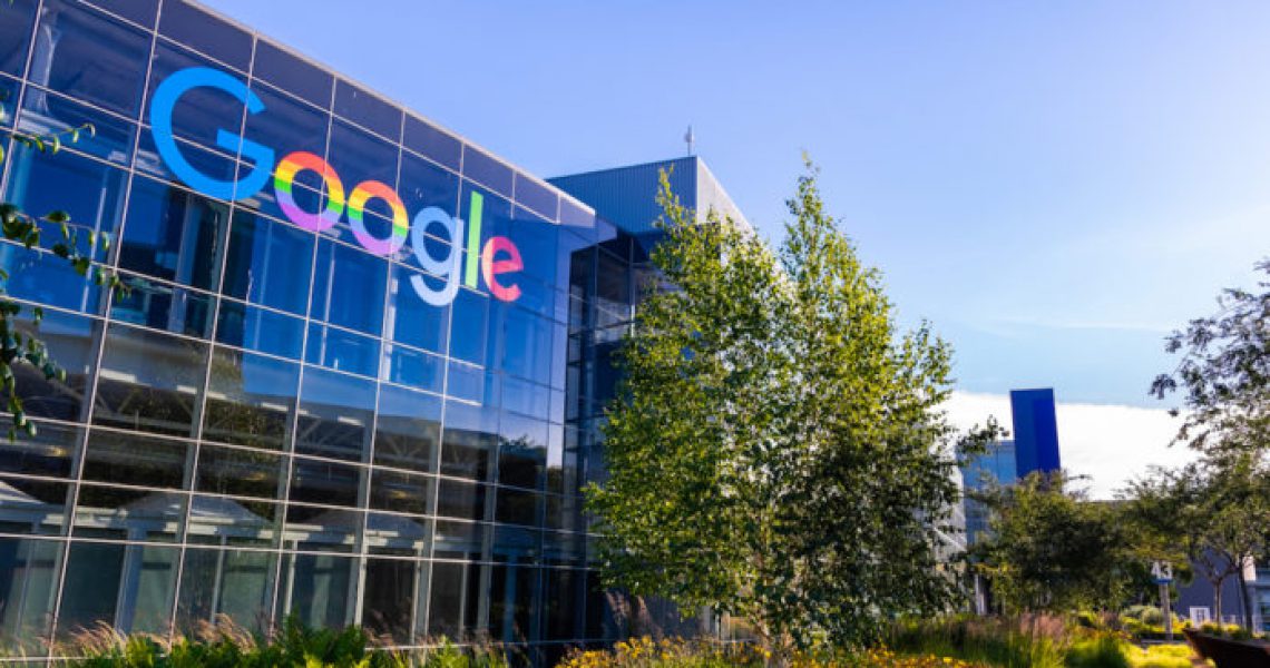 June 8, 2019 Mountain View / CA / USA - Google office building in the Company's campus in Silicon Valley; The "double o's" of the logo are decorated in rainbow colors in honor of LGBTQ Rights (June 8, 2019 Mountain View / CA / USA - Google office buil