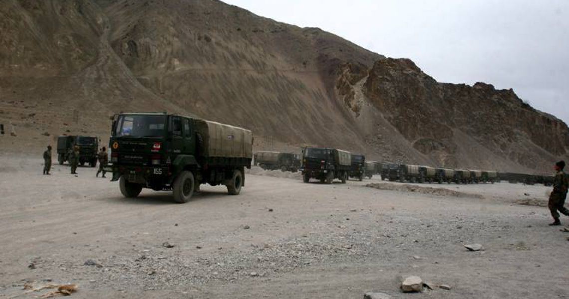 Army vehicles stop at a base camp in Leh in the cold desert region of Ladakh, 434 kms from Srinagar. The peaks in Kargil area of Ladakh witnessed a war between Indian soldiers and the soldiers of the neighbouring Pakistan in the summer of 1999. Express Photo By Shuaib Masoodi, 05.07.2014.